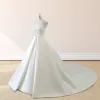 White Satin Cap Sleeve Lace-Up Wedding Dress With Pearls sold by KissProm