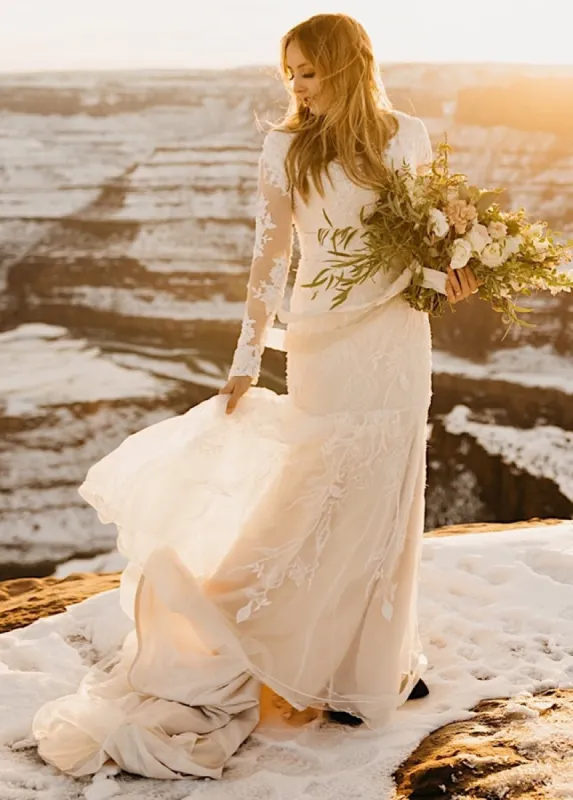 Gorgeous Boho Lace Long-Sleeves Mermaid Appliques Wedding Dress sold by KissProm