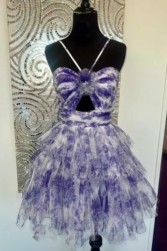 Hera | Straps Purple Floral Print Keyhole Ruffle Homecoming Dress sold by KissProm