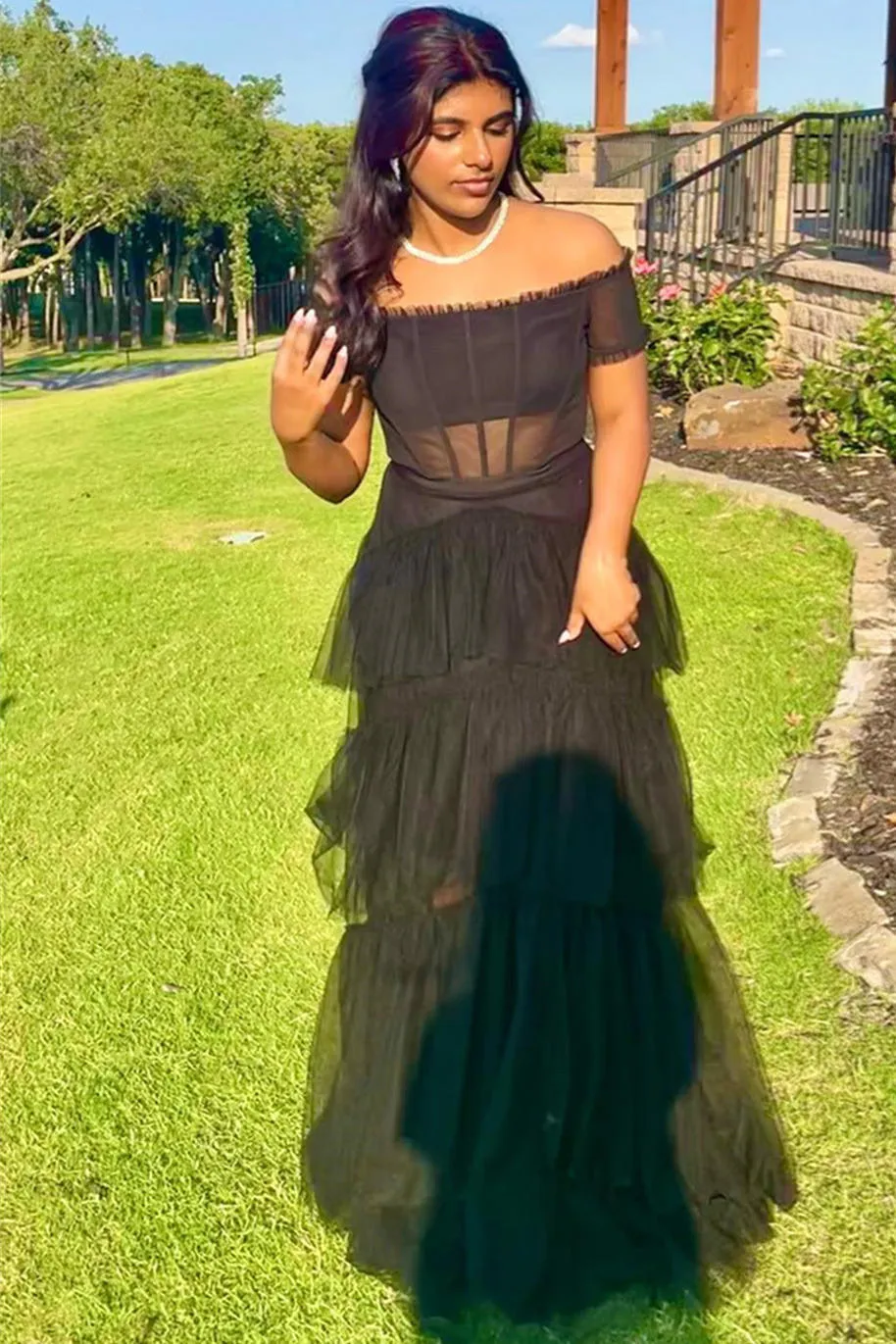 Wilma | Off the Shoulder Black Tiered Tulle Lond Prom Dress sold by KissProm