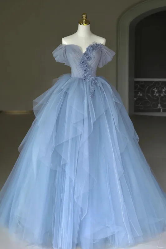 Kyra | Blue Tulle Floor Length Prom Dress, Off the Shoulder Evening Dress with 3D Flowers sold by KissProm