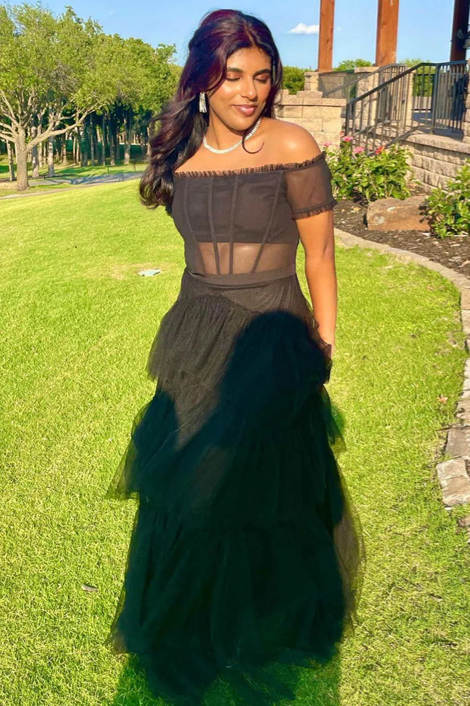Wilma | Off the Shoulder Black Tiered Tulle Lond Prom Dress sold by KissProm product image thumbnail 2