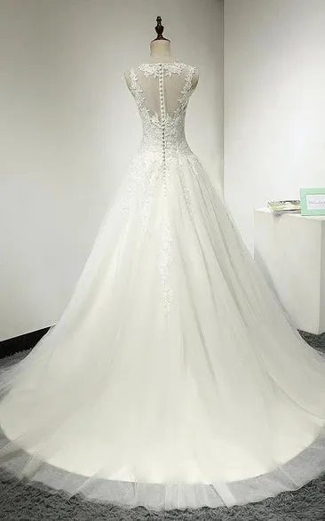 A-Line Tulle Bridal Gown Weddig Dress With Lace Bodice and Dropped Waist sold by KissProm product image thumbnail 2