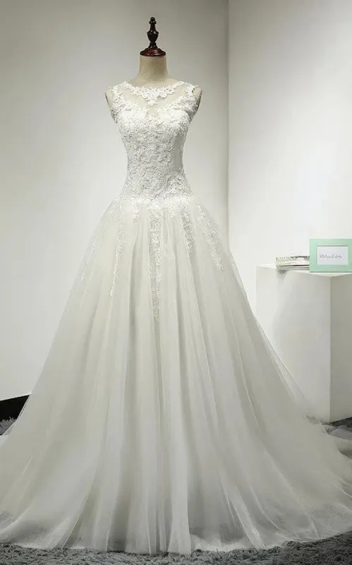 A-Line Tulle Bridal Gown Weddig Dress With Lace Bodice and Dropped Waist sold by KissProm