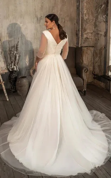 Casual V-neck A Line Tulle Court Train Wedding Dress with Ruching sold by KissProm product image thumbnail 4