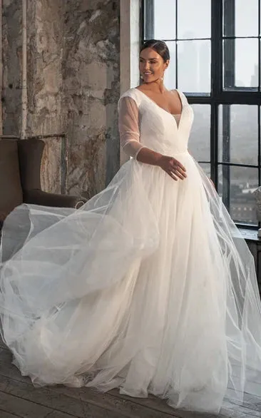Casual V-neck A Line Tulle Court Train Wedding Dress with Ruching sold by KissProm product image thumbnail 3