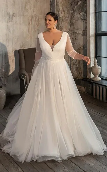 Casual V-neck A Line Tulle Court Train Wedding Dress with Ruching sold by KissProm