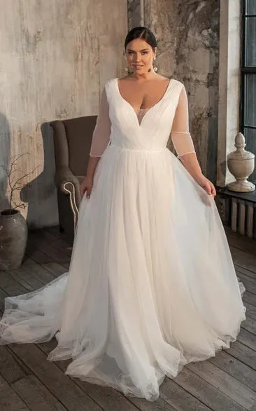Casual V-neck A Line Tulle Court Train Wedding Dress with Ruching sold by KissProm product image thumbnail 2
