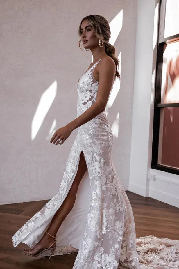 Elegant Mermaid V Neck Lace Boho Wedding Dresses with Slit sold by KissProm product image thumbnail 2