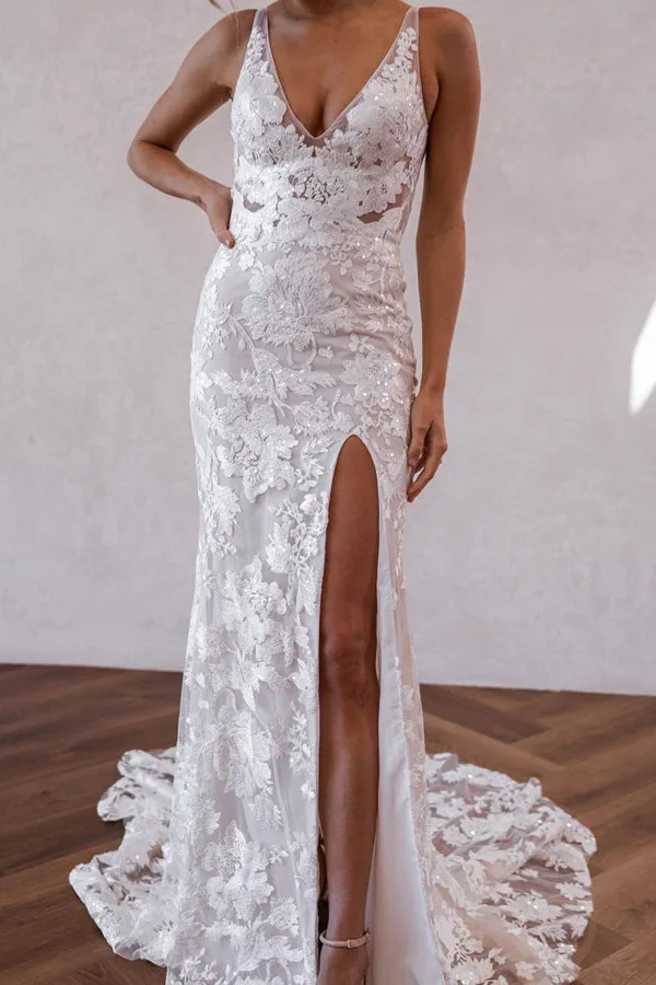 Elegant Mermaid V Neck Lace Boho Wedding Dresses with Slit sold by KissProm product image thumbnail 5