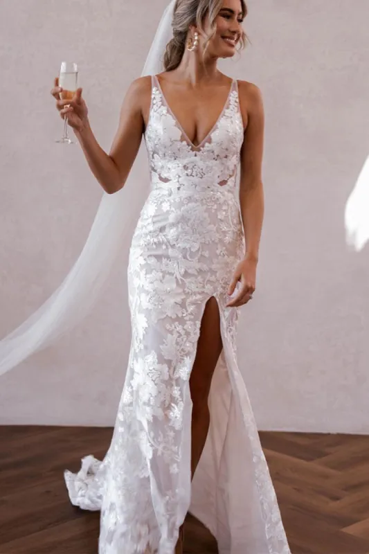 Elegant Mermaid V Neck Lace Boho Wedding Dresses with Slit sold by KissProm