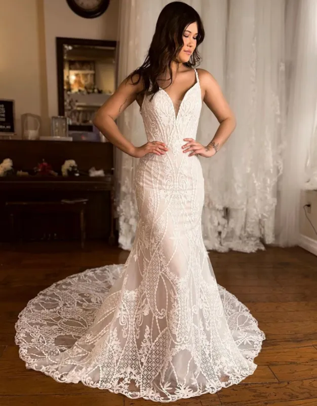 Paulina | Mermaid V-Neck Spaghetti Straps Sweep Train Lace Wedding Dress sold by KissProm