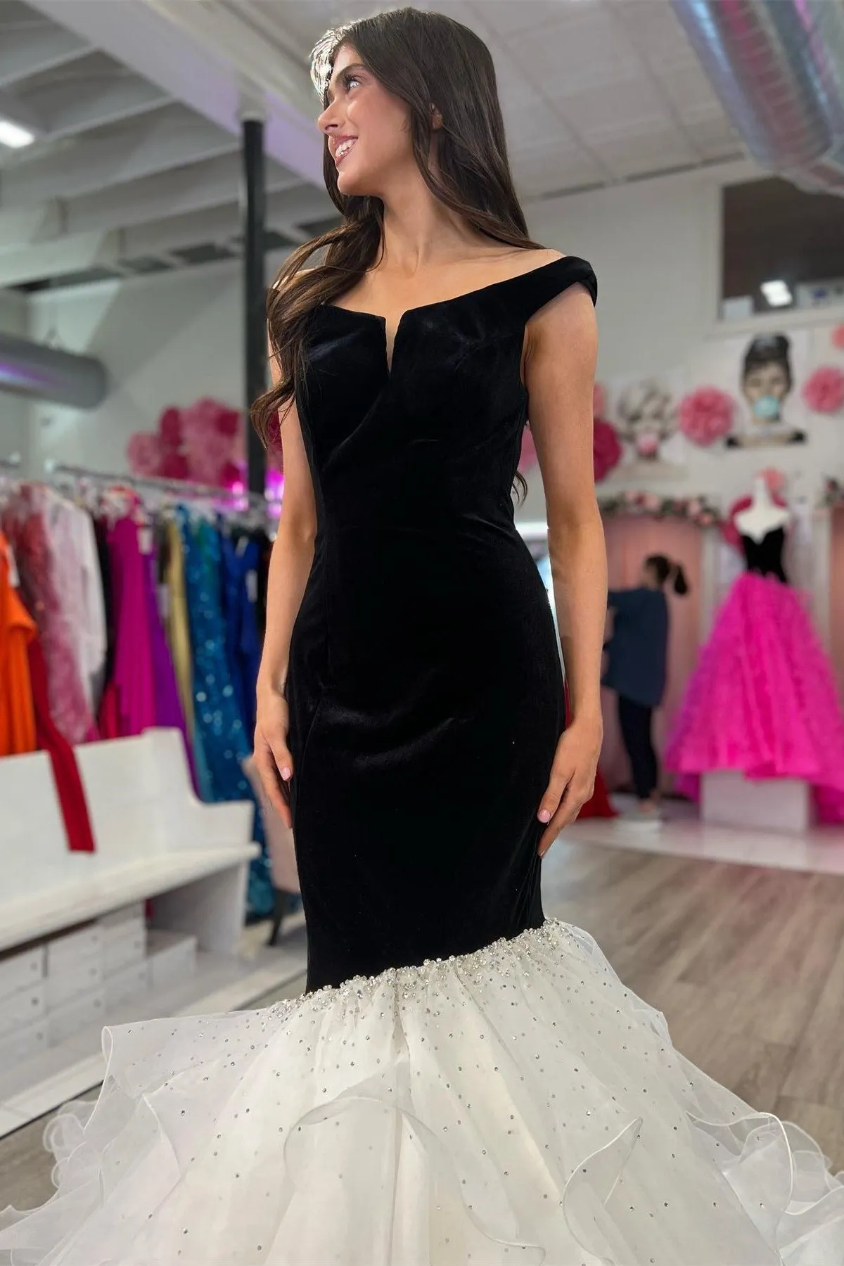Black Velvet Off-the-Shoulder Multi-Layer Trumpet Formal Gown sold by KissProm product image thumbnail 5