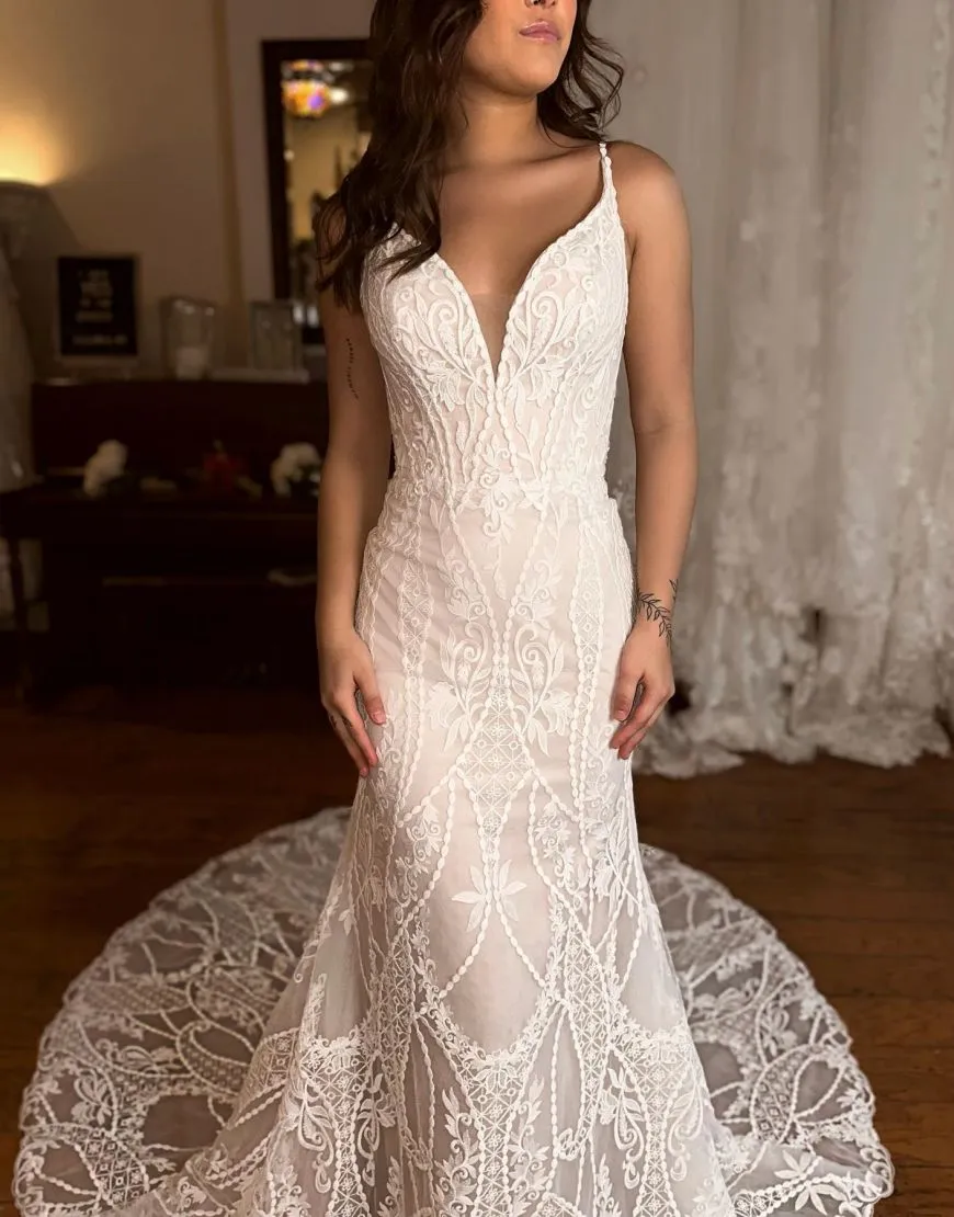 Paulina | Mermaid V-Neck Spaghetti Straps Sweep Train Lace Wedding Dress sold by KissProm product image thumbnail 3