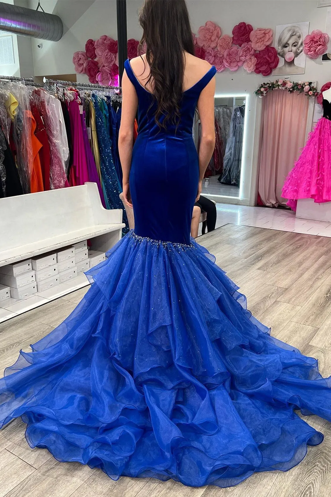 Black Velvet Off-the-Shoulder Multi-Layer Trumpet Formal Gown sold by KissProm product image thumbnail 3