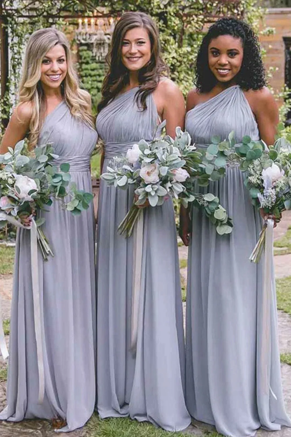 Dusty Blue One Shoulder Chiffon Long Boho Pleated Bridesmaid Dress sold by KissProm