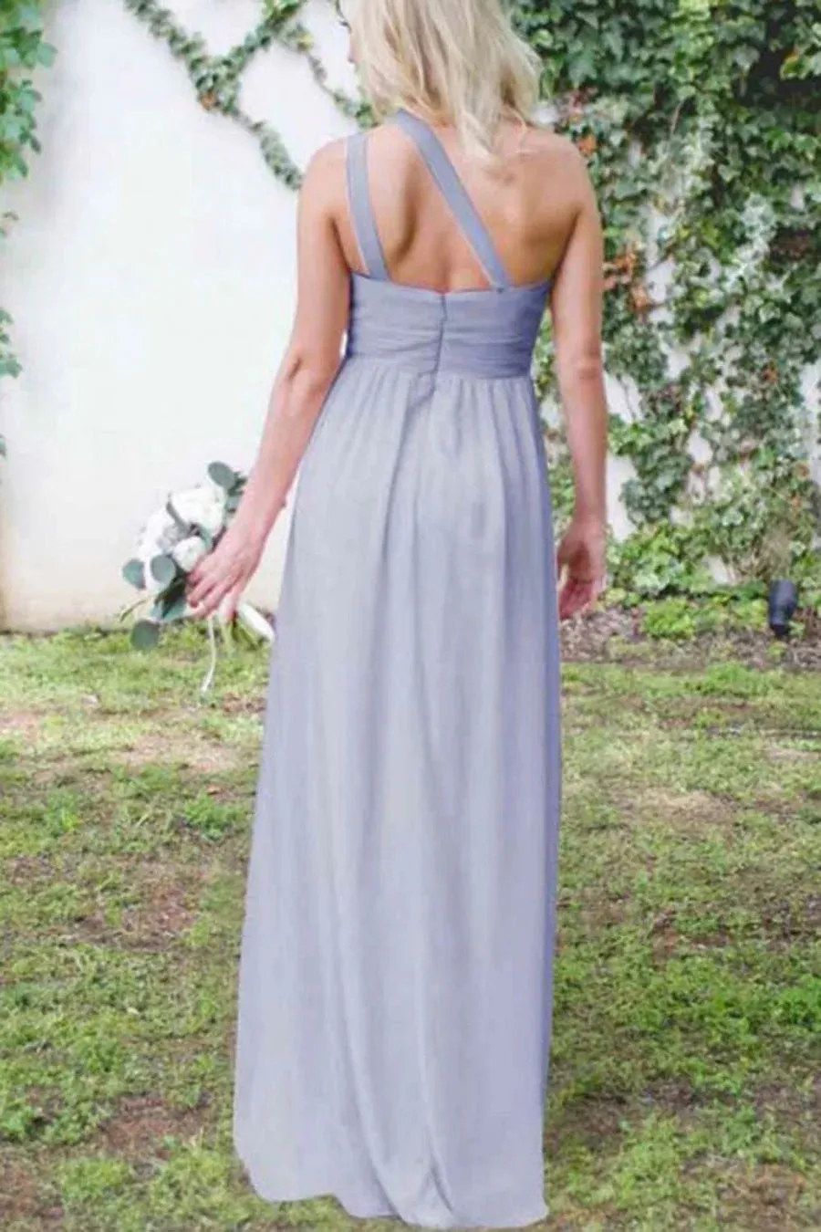 Dusty Blue One Shoulder Chiffon Long Boho Pleated Bridesmaid Dress sold by KissProm product image thumbnail 3