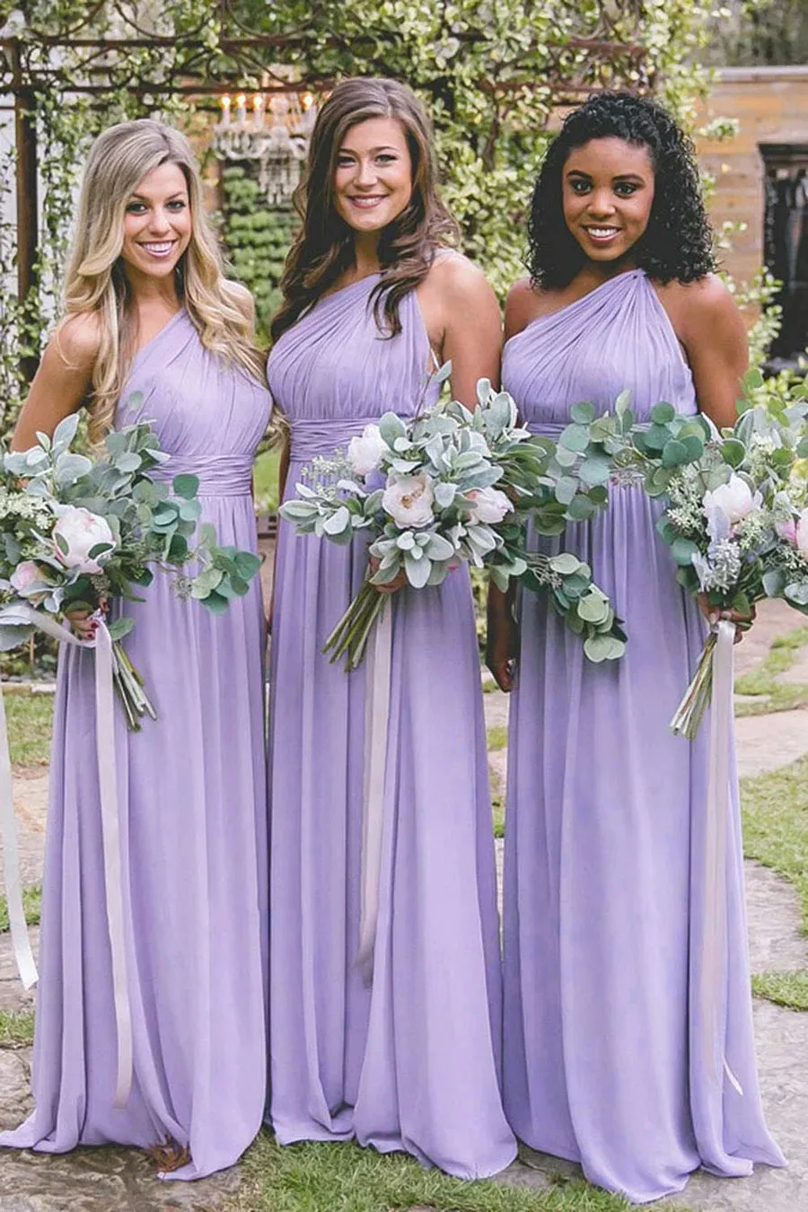 Dusty Blue One Shoulder Chiffon Long Boho Pleated Bridesmaid Dress sold by KissProm product image thumbnail 4