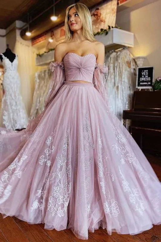 Two-Piece Dusty Pink Strapless A-Line Prom Dress with Sleeves sold by KissProm