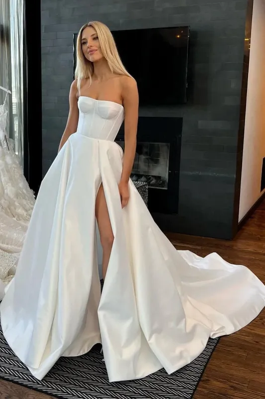 Ball Gown Strapless Satin Wedding Dresses with Slit sold by KissProm