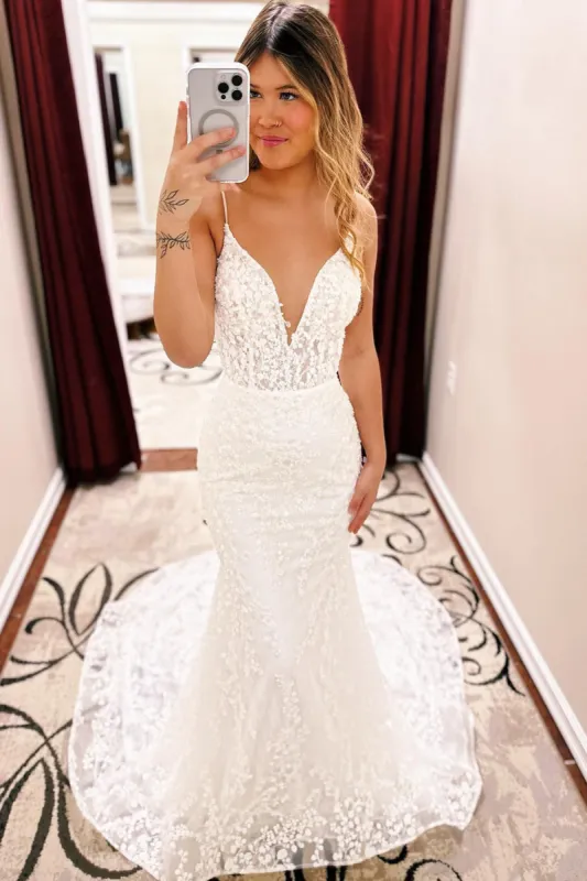 Drew | Ivory Spaghetti Straps Lace Mermaid Wedding Dress with Train sold by KissProm
