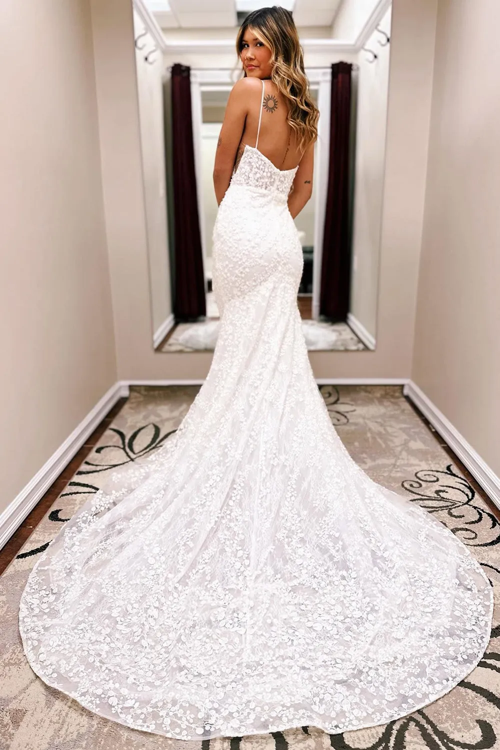 Drew | Ivory Spaghetti Straps Lace Mermaid Wedding Dress with Train sold by KissProm product image thumbnail 2