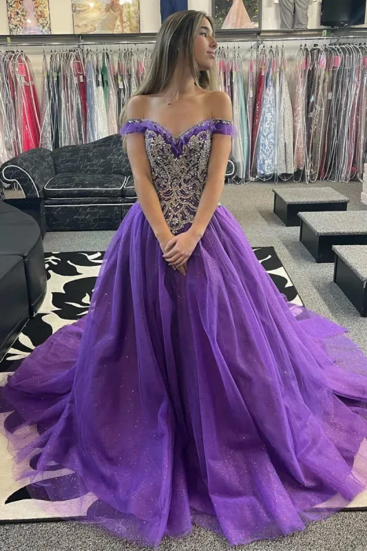 Quinceanera Dress Princess Purple Beaded Off-the-Shoulder Ball Gown sold by KissProm
