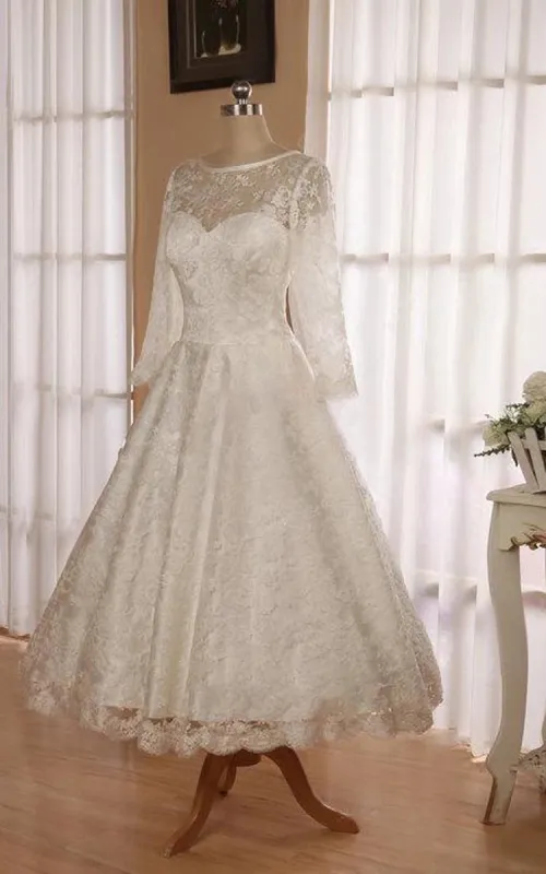 Low V Back Tea Length Lace Wedding Dress sold by KissProm