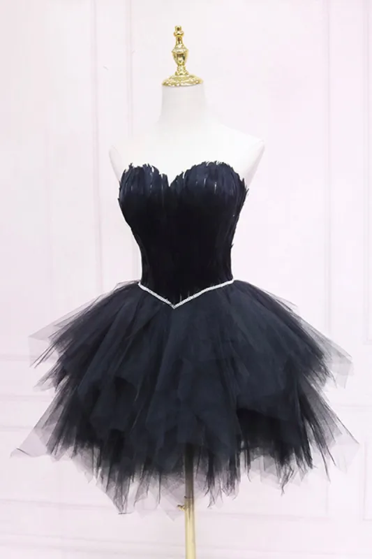 Ila | Black Tulle Short Prom Dress with Feather, A-Line Sweetheart Neckline Party Dress sold by KissProm