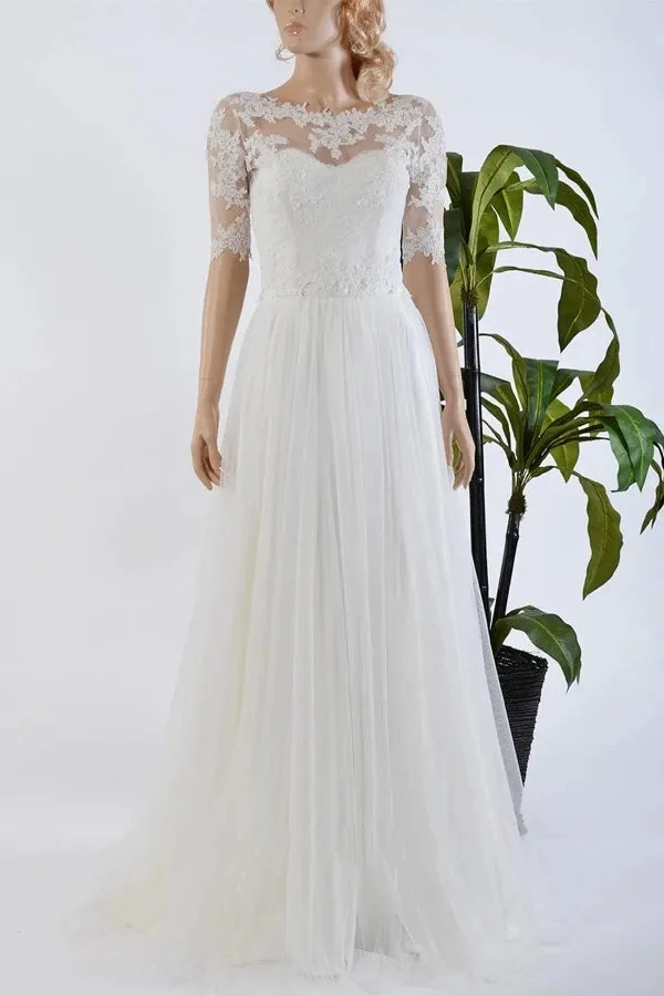 A-Line Tulle Satin Bowed Lace Bolero Wedding Dress sold by KissProm