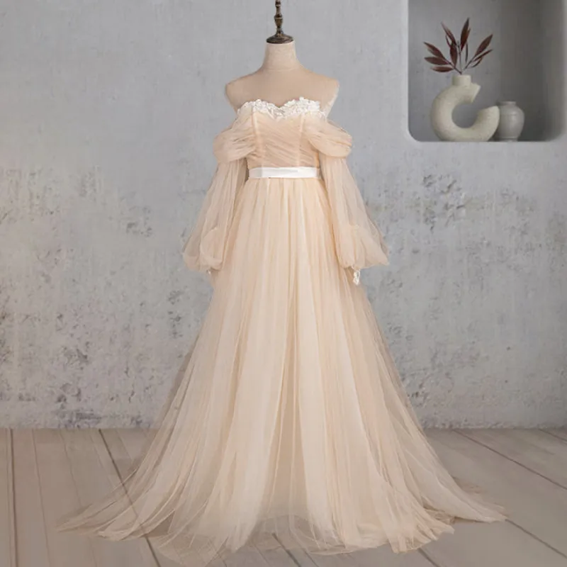 A-Line Off-the-Shoulder Long Sleeve Champagne Wedding Dress sold by KissProm