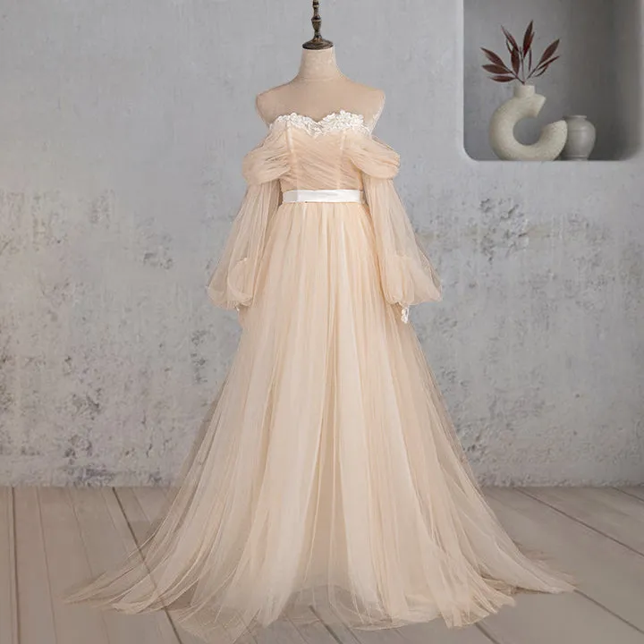 Conrad | A-Line Off-the-Shoulder Long Sleeve Champagne Wedding Dress sold by KissProm