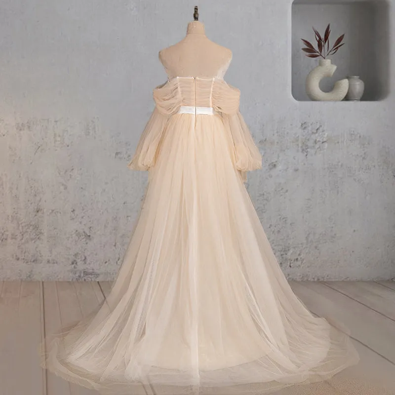 Conrad | A-Line Off-the-Shoulder Long Sleeve Champagne Wedding Dress sold by KissProm product image thumbnail 2