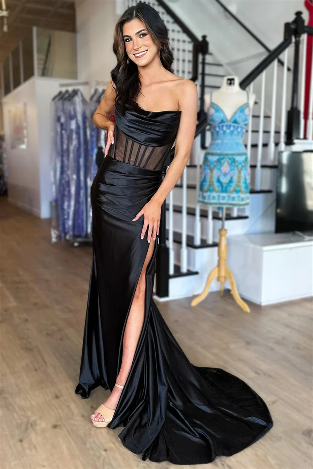 Strapless Pleated Boning Sheer Long Prom Dress with Slit sold by KissProm