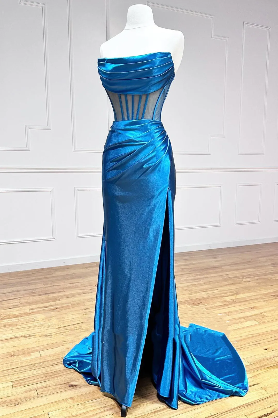 Strapless Pleated Boning Sheer Long Prom Dress with Slit sold by KissProm product image thumbnail 5