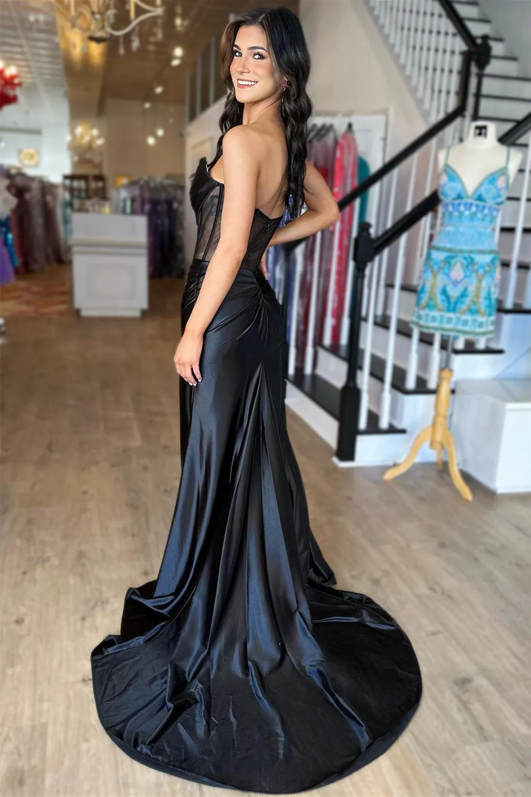 Strapless Pleated Boning Sheer Long Prom Dress with Slit sold by KissProm product image thumbnail 2