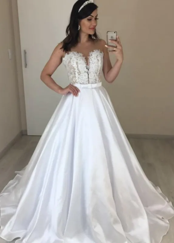 A-line Sleeveless Sweetheart Satin Bride Wedding Dresses with Appliques sold by KissProm