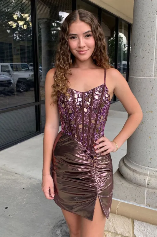Sparkly Rose Gold Tight Satin Pleats Beaded Corset Homecoming Dress sold by KissProm
