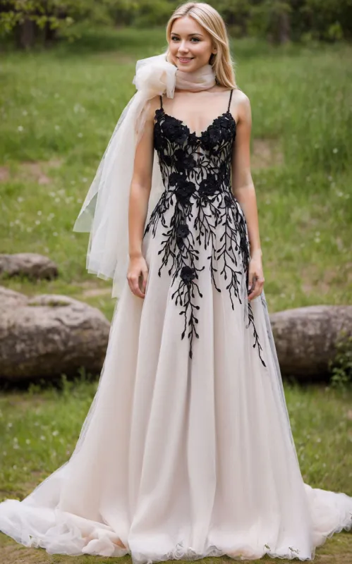 A-Line Champagne Lace Spaghetti Straps Wedding Dress with Appliques sold by KissProm