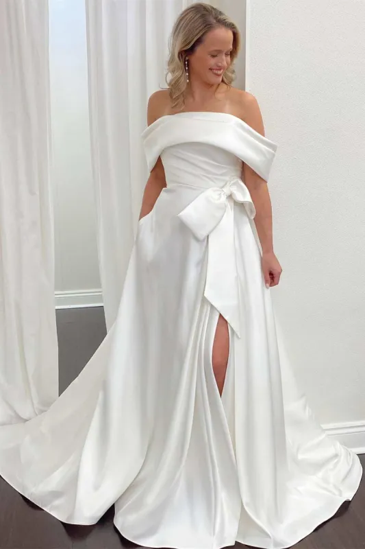 Kinley | White Satin Off-the-Shoulder Bow A-Line Wedding Dress with Slit sold by KissProm
