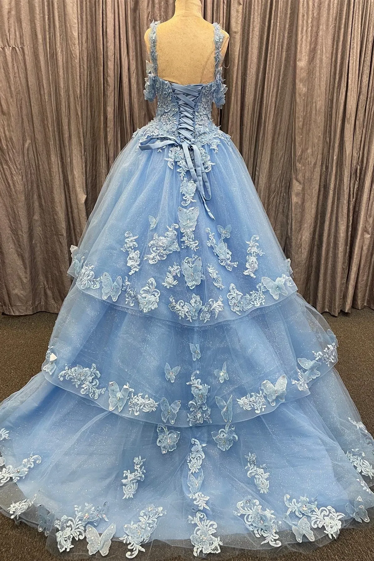 Alanna | Blue Tulle Sweetheart Multi-Layer with 3D Floral Lace Quinceanera Dress sold by KissProm product image thumbnail 2