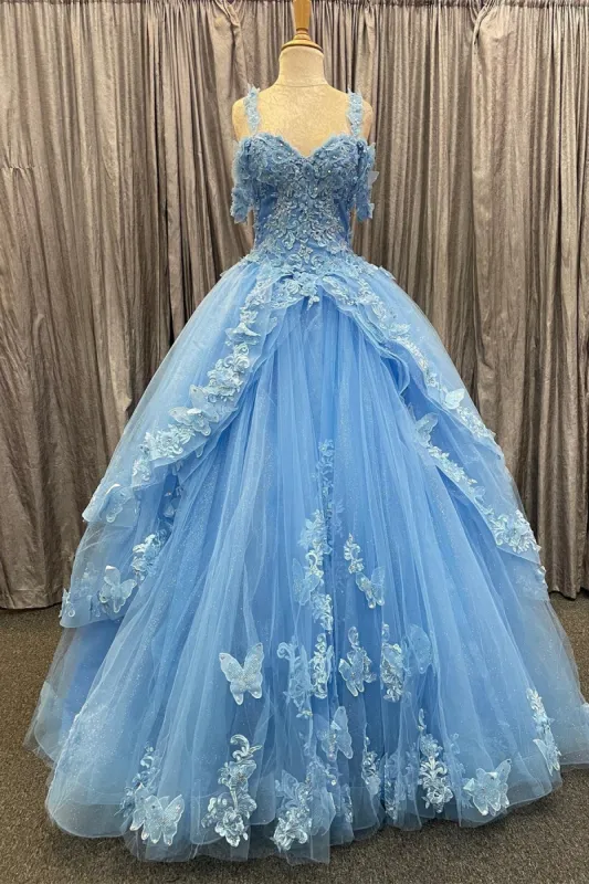 Alanna | Blue Tulle Sweetheart Multi-Layer with 3D Floral Lace Quinceanera Dress sold by KissProm