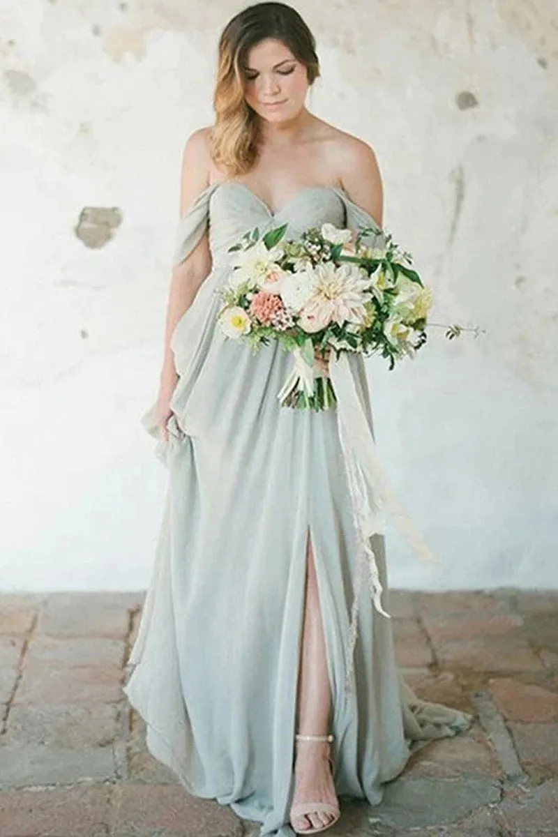 Simple A-Line Off the Shoulder Chiffon Long Bridesmaid Dresses with Split sold by KissProm