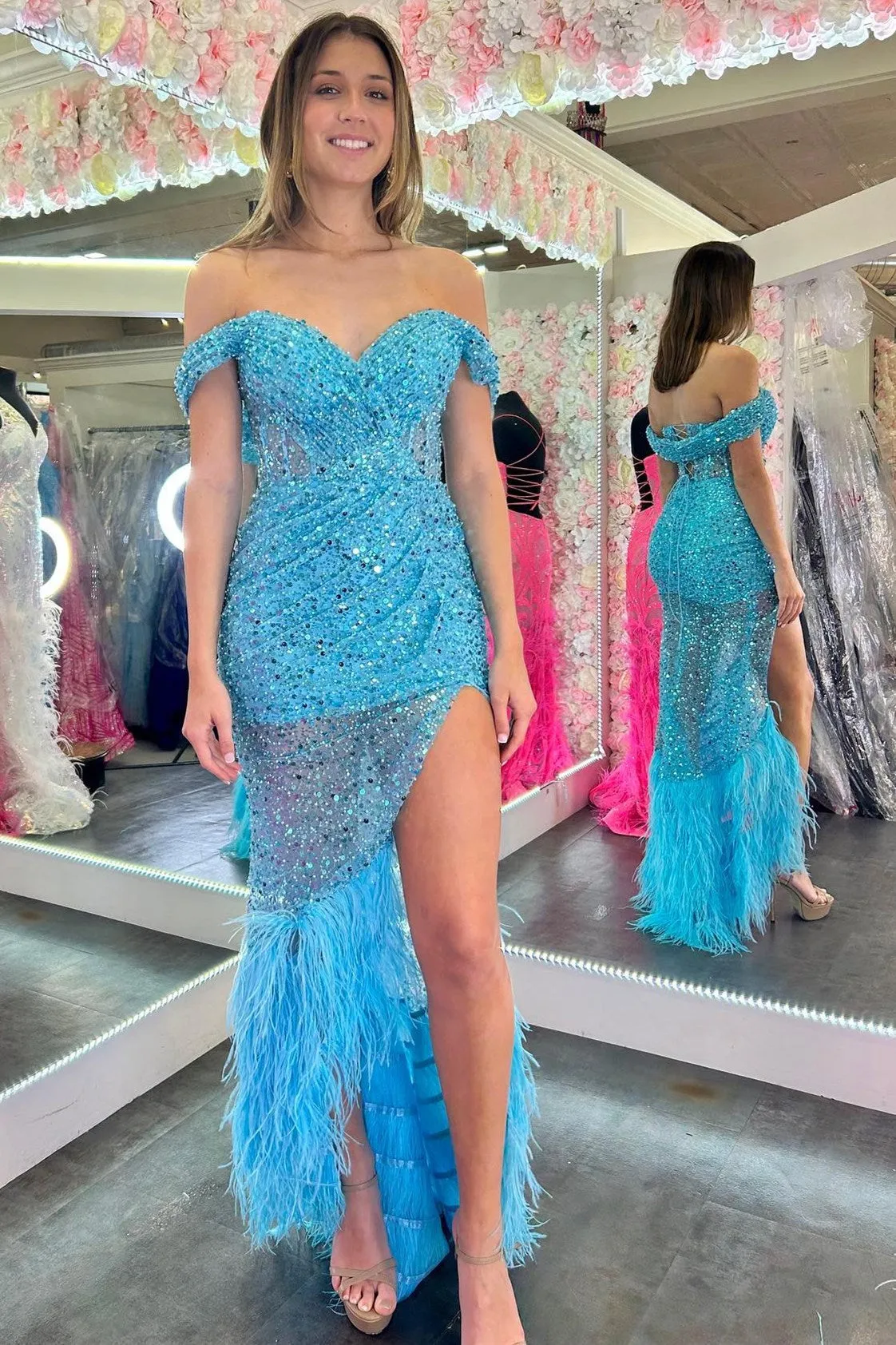 Black Sequin Feather Off-the-Shoulder Maxi Dress with Slit sold by KissProm product image thumbnail 3