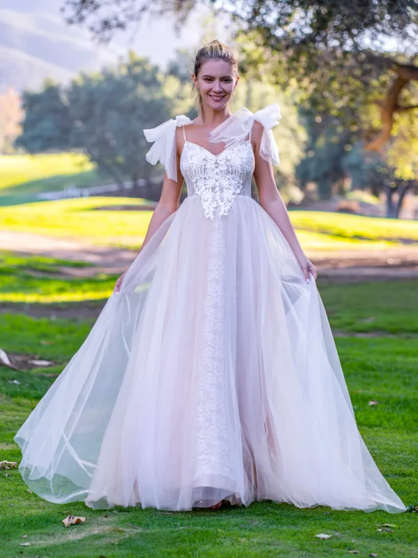 V-neck Lace Bow Straps Floor Length Tulle Prom Dress sold by KissProm