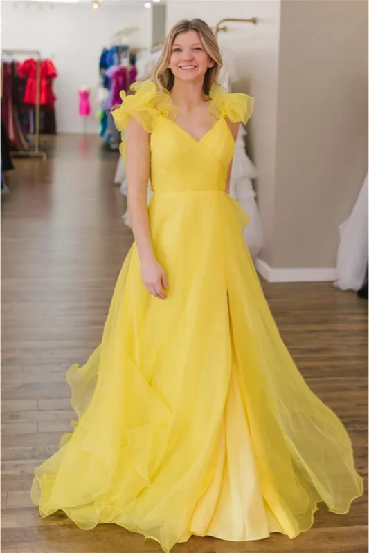 Yellow Surplice Ruffle Straps Tulle Long Prom Dress with Slit sold by KissProm