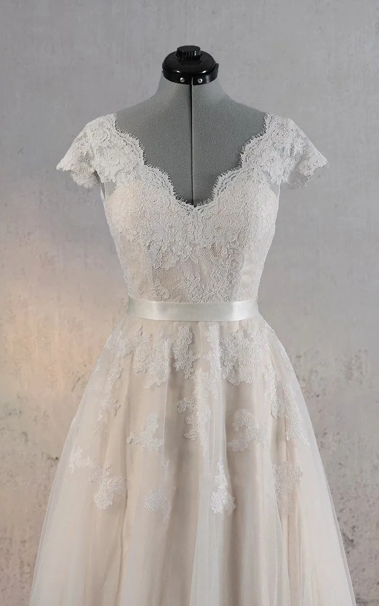 Cap Sleeve V-Neck Lace Wedding Dress With Tulle Skirt and V-Back sold by KissProm product image thumbnail 4