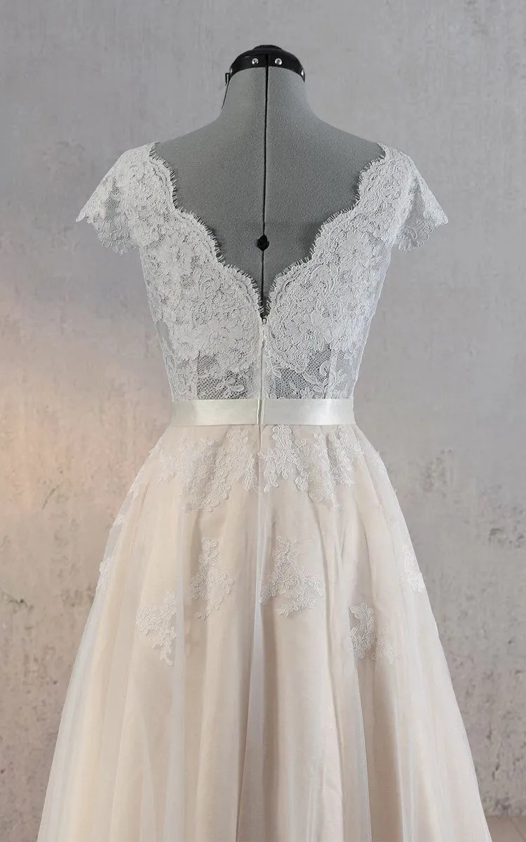 Cap Sleeve V-Neck Lace Wedding Dress With Tulle Skirt and V-Back sold by KissProm product image thumbnail 3