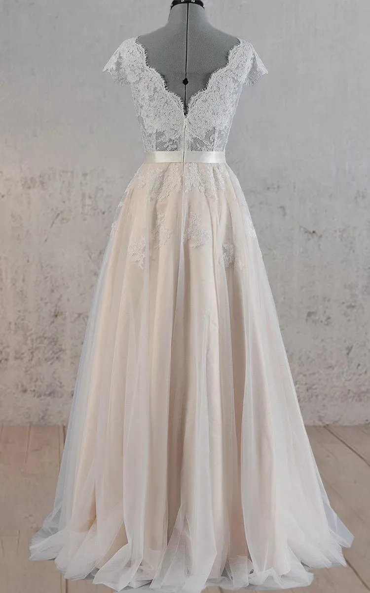 Cap Sleeve V-Neck Lace Wedding Dress With Tulle Skirt and V-Back sold by KissProm product image thumbnail 2