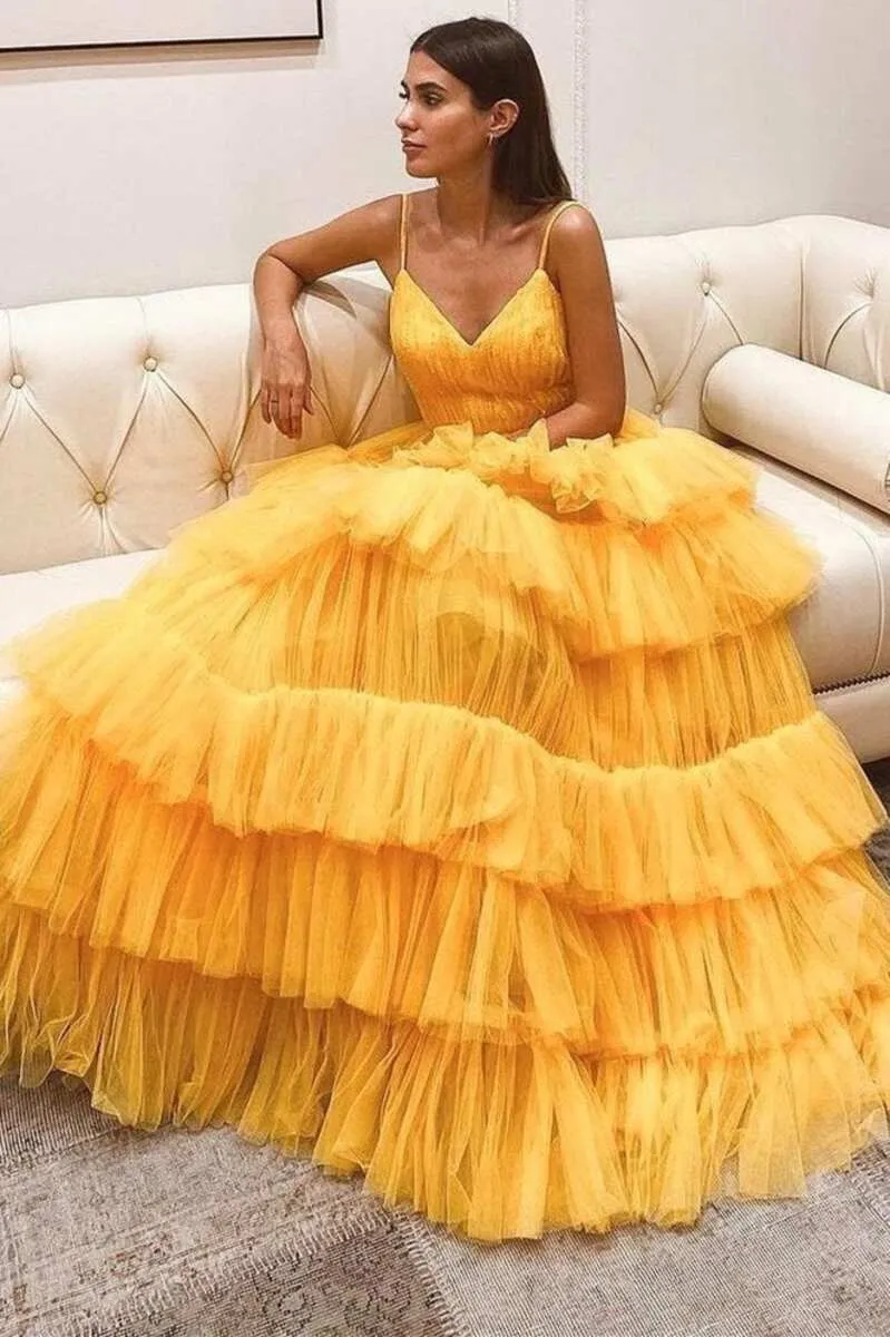 Princess Tiered Yellow Tulle Straps Backless Long Prom Dress sold by KissProm